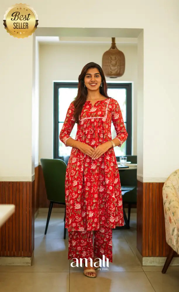 Priyo - Dark red and Light pink Jaipur Print Cotton A-line kurti and pant - salwar
