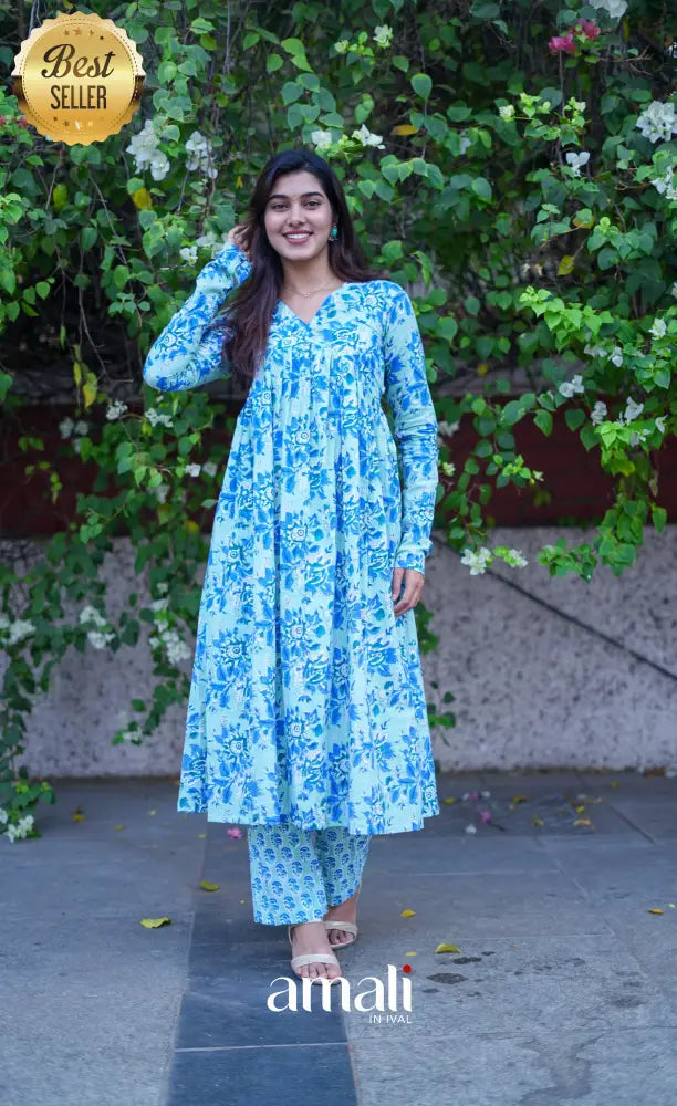 Priyo - Light blue Jaipur Print Cotton A-line kurti and pant - salwar