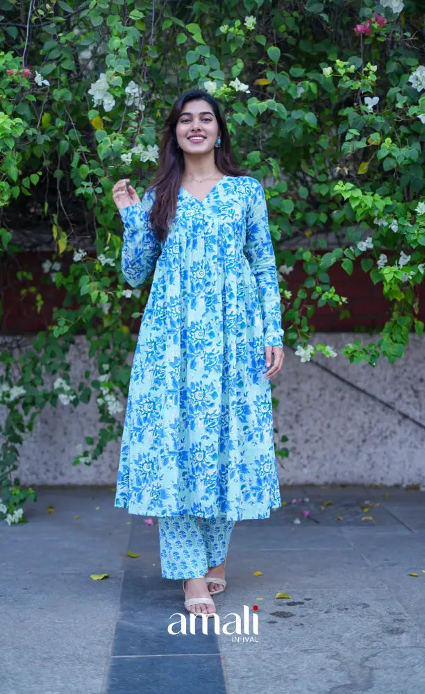 Priyo - Light blue Jaipur Print Cotton A-line kurti and pant - salwar