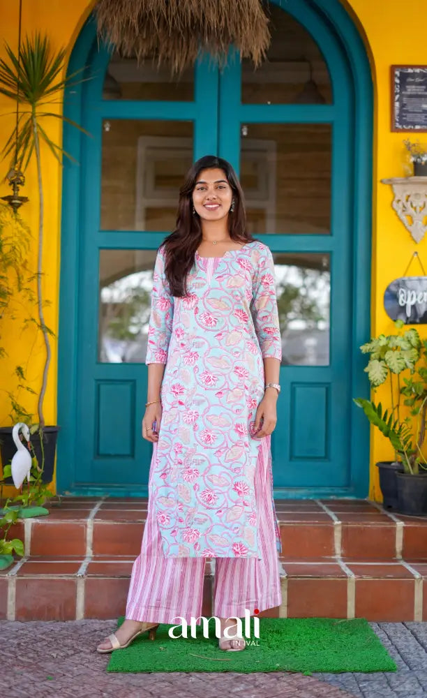 Priyo - Pastel blue and Pink Jaipur Print Cotton Straight-cut kurti and pant - salwar