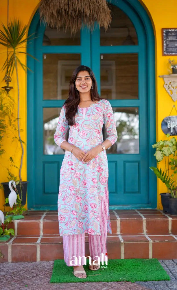 Priyo - Pastel blue and Pink Jaipur Print Cotton Straight-cut kurti and pant - salwar