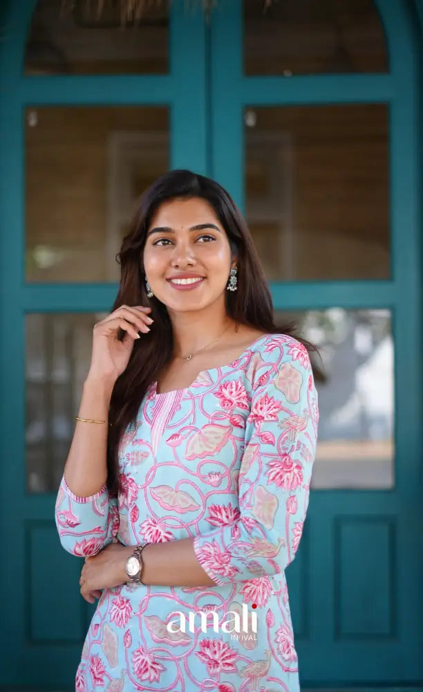 Priyo - Pastel blue and Pink Jaipur Print Cotton Straight-cut kurti and pant - salwar