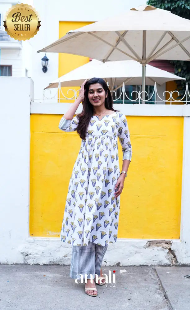 Priyo - White and Dark grey Jaipur Print Cotton A-line kurti and pant - salwar