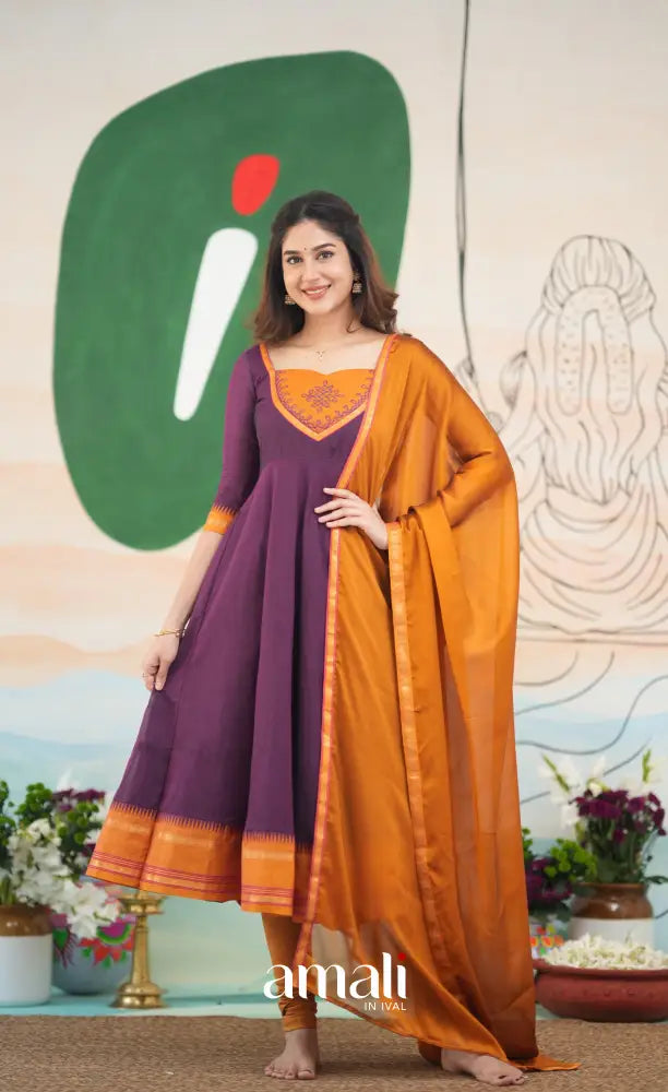 Purple and Mustard Orange Cotton Anarkali Anarkalis