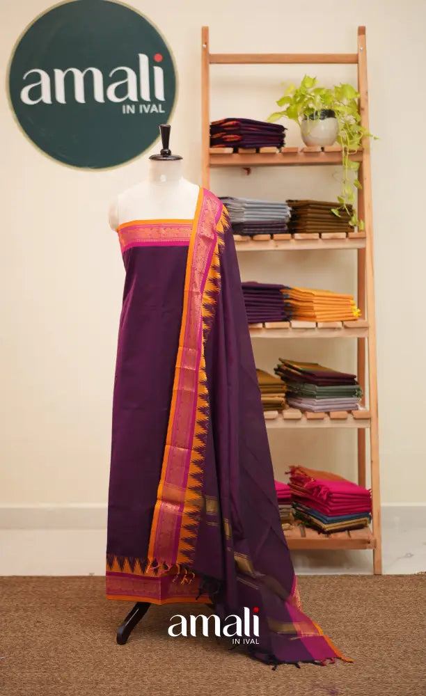 Purple and Pink Chettinad Cotton Unstitched Salwar Set - salwar