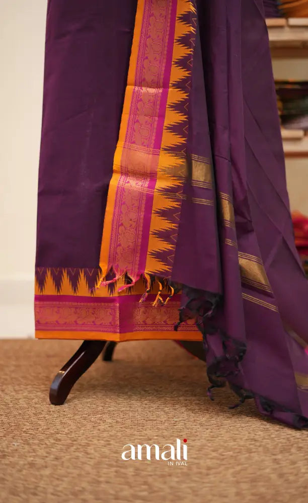 Purple and Pink Chettinad Cotton Unstitched Salwar Set - salwar