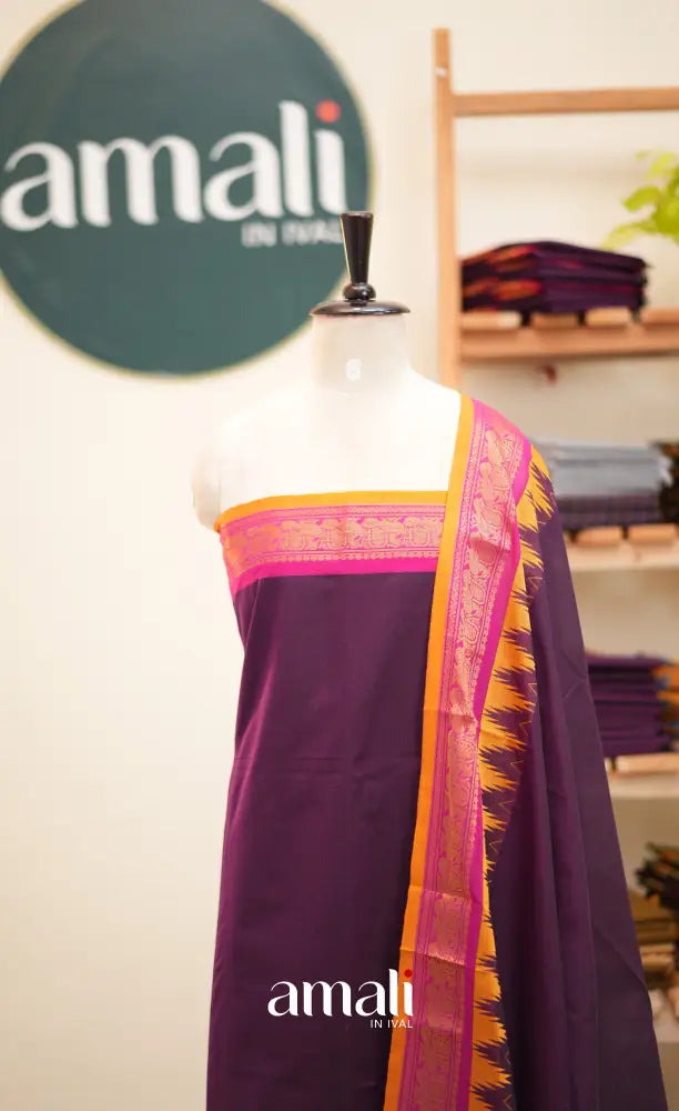 Purple and Pink Chettinad Cotton Unstitched Salwar Set - salwar