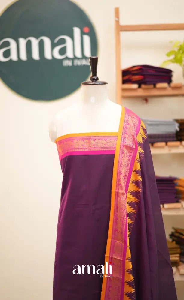 Purple and Pink Chettinad Cotton Unstitched Salwar Set - salwar