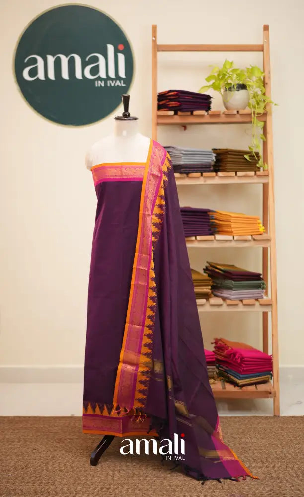 Purple and Pink Chettinad Cotton Unstitched Salwar Set - salwar