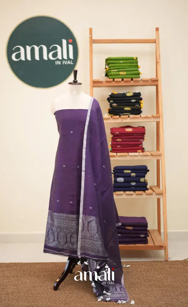 Purple Handloom Linen Unstitched Salwar Set - salwar