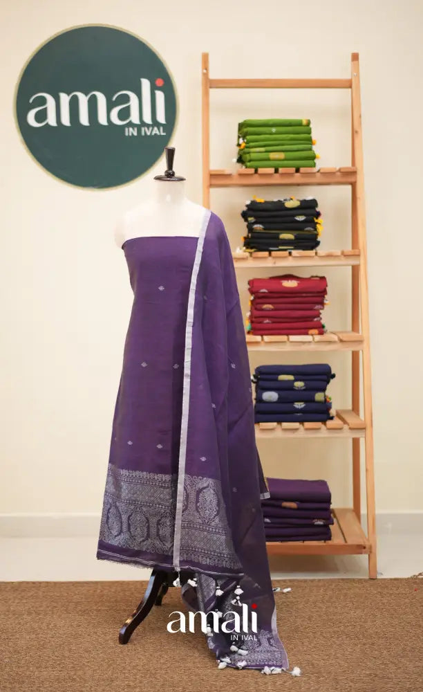 Purple Handloom Linen Unstitched Salwar Set - salwar