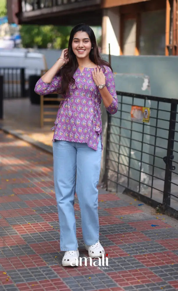 Purple Jaipur Hand Block-Printed Short Top - salwar