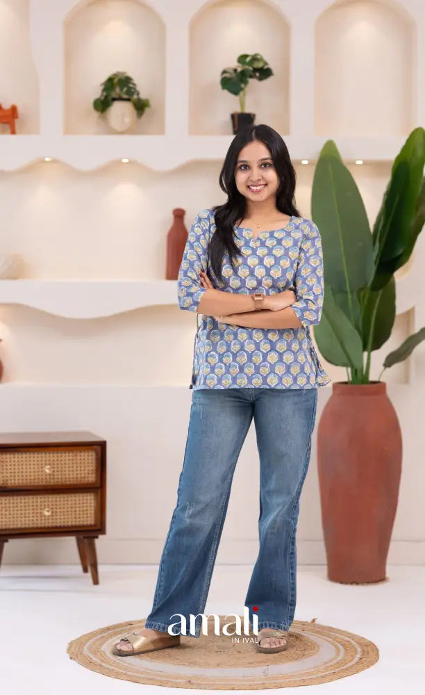 Purplish Blue Jaipur Hand Block-Printed Short Top - salwar