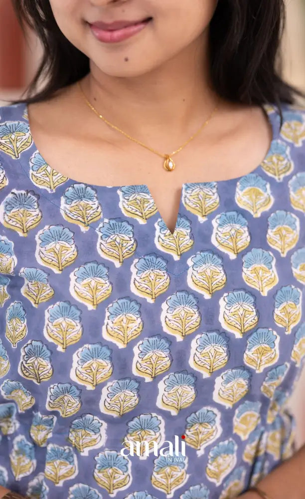 Purplish Blue Jaipur Hand Block-Printed Short Top - salwar