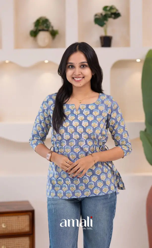 Purplish Blue Jaipur Hand Block-Printed Short Top - salwar