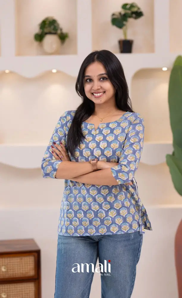 Purplish Blue Jaipur Hand Block-Printed Short Top - salwar