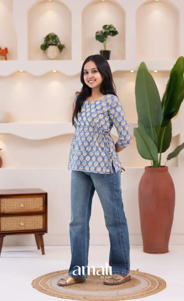 Purplish Blue Jaipur Hand Block-Printed Short Top - salwar