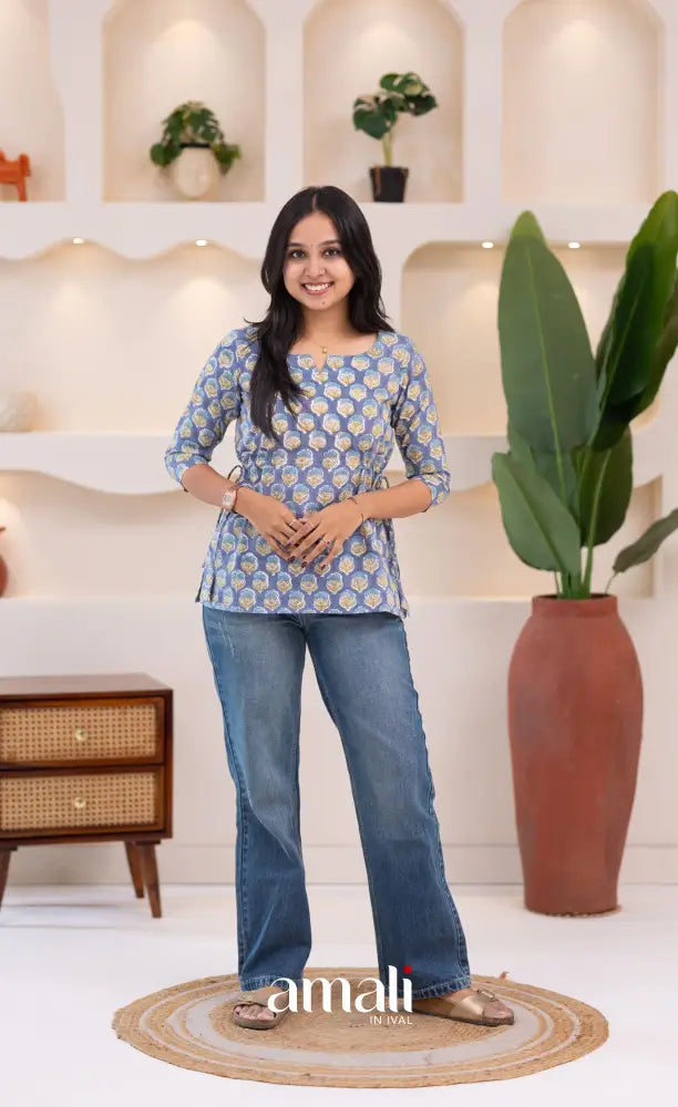 Purplish Blue Jaipur Hand Block-Printed Short Top - salwar