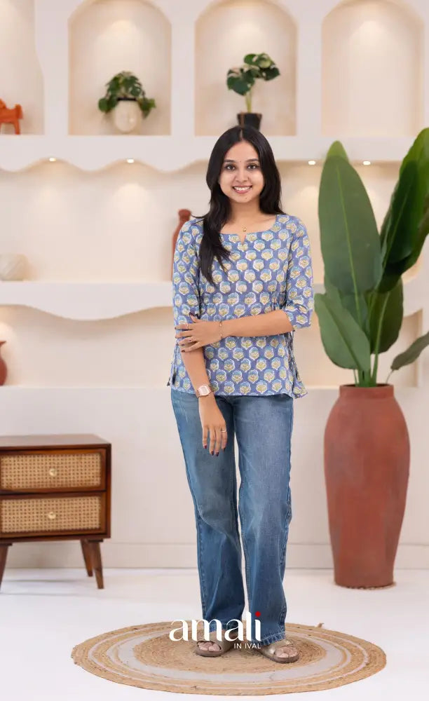 Purplish Blue Jaipur Hand Block-Printed Short Top - salwar
