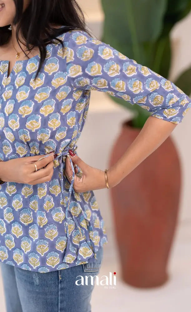 Purplish Blue Jaipur Hand Block-Printed Short Top - salwar