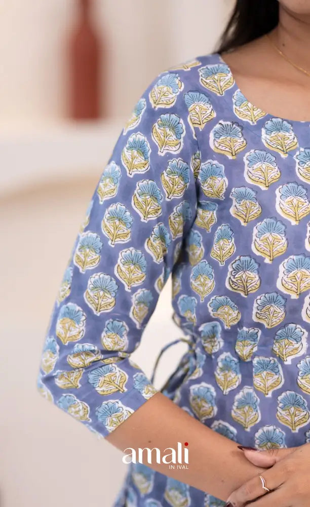 Purplish Blue Jaipur Hand Block-Printed Short Top - salwar