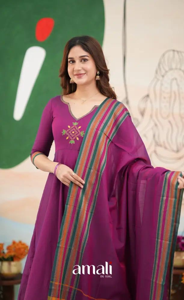 Purplish magenta and Multicolours Narayanpet Cotton Anarkali - Anarkalis