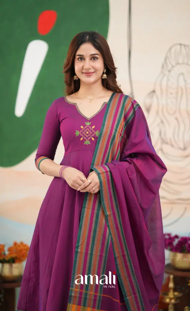 Purplish magenta and Multicolours Narayanpet Cotton Anarkali - Anarkalis