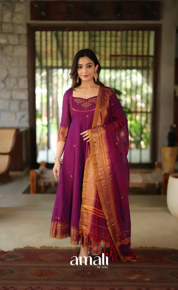 Purplish wine and Mustard Narayanpet Cotton Anarkali - Anarkalis