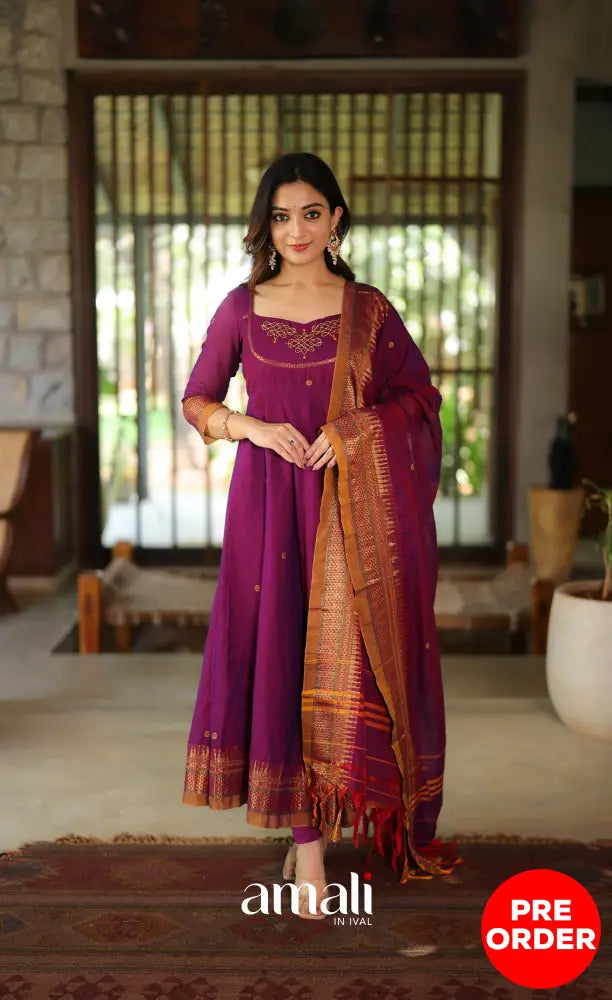 Purplish wine and Mustard Narayanpet Cotton Anarkali - Anarkalis