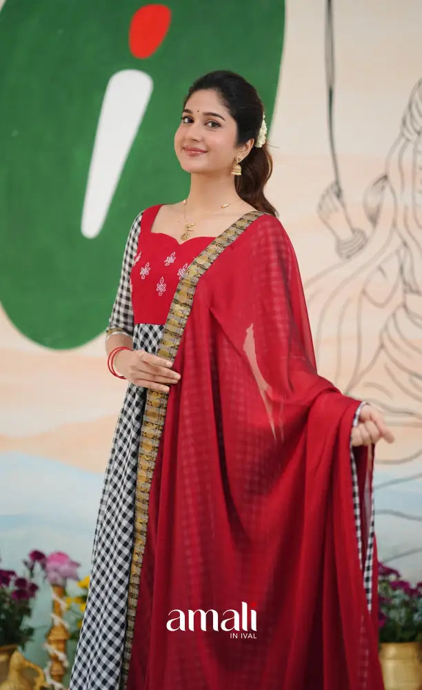 Red and Black Chettinad Cotton Anarkali Anarkalis