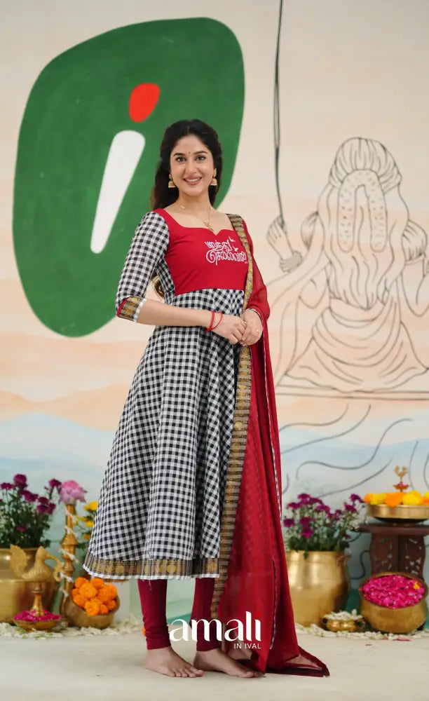 Red and Black Chettinad Cotton Anarkali Anarkalis