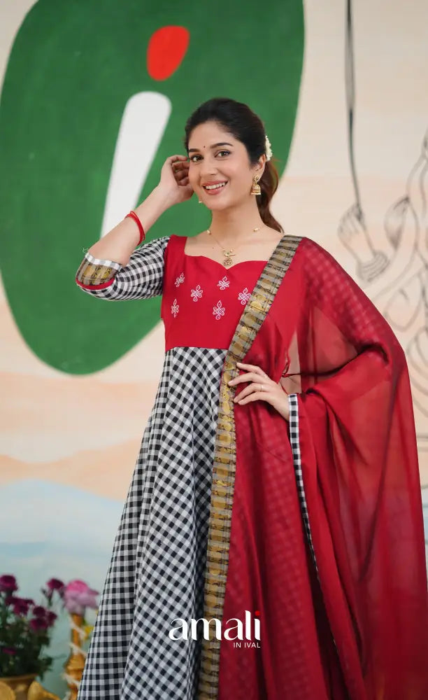 Red and Black Chettinad Cotton Anarkali Anarkalis