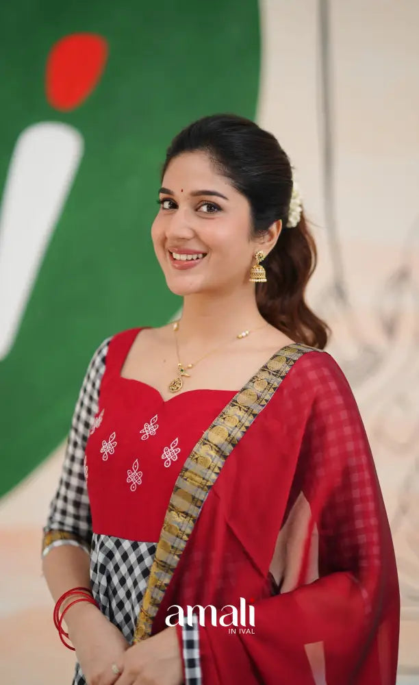 Red and Black Chettinad Cotton Anarkali Anarkalis