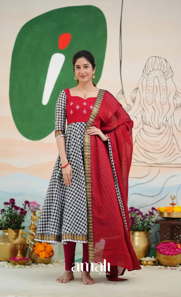 Red and Black Chettinad Cotton Anarkali Anarkalis