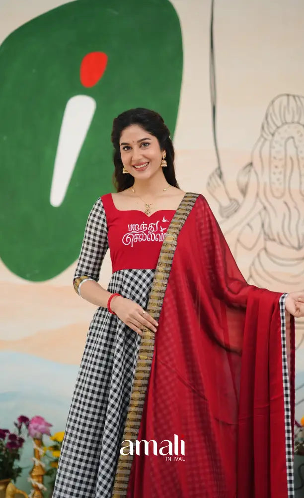 Red and Black Chettinad Cotton Anarkali Anarkalis