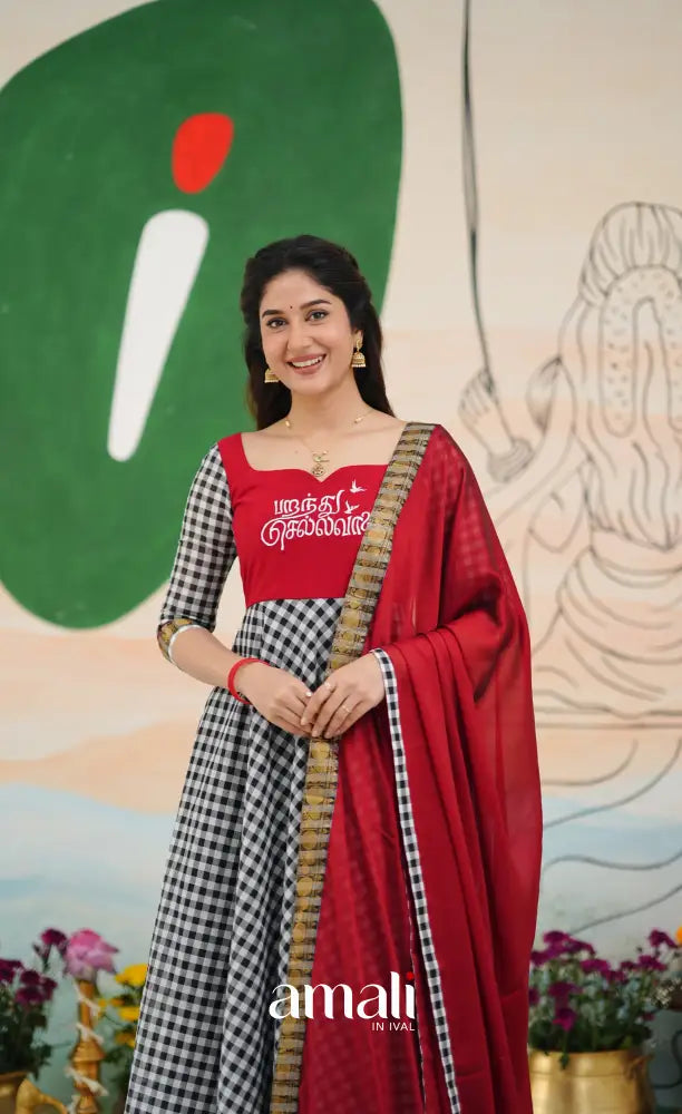 Red and Black Chettinad Cotton Anarkali Anarkalis