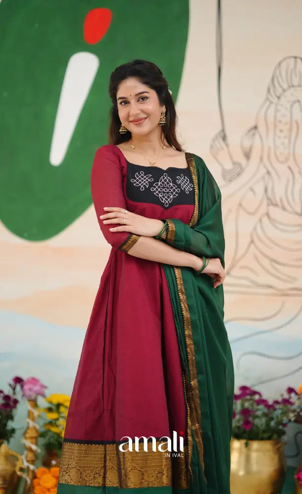 Red and Bottle Green Chettinad Cotton Anarkali Anarkalis