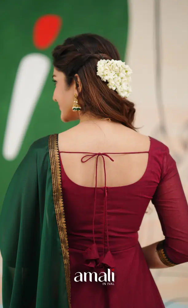 Red and Bottle Green Chettinad Cotton Anarkali Anarkalis