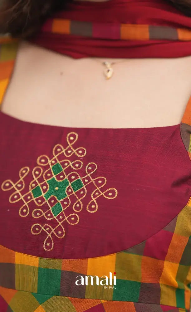 Red and Bottle Green Kandangi Checks Cotton Anarkali Anarkalis