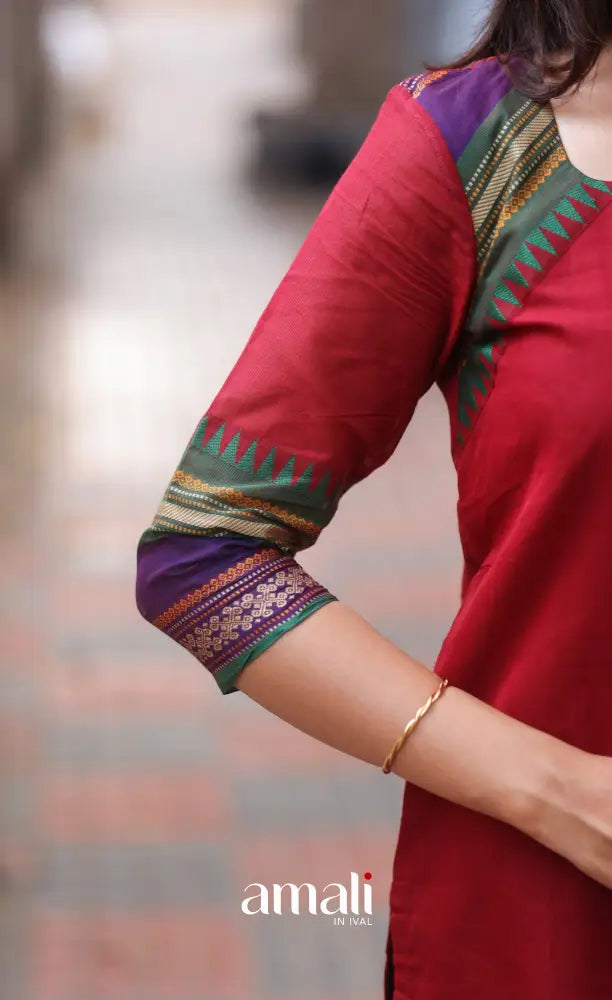 Red and Dark Blue Chettinad Cotton Salwar Set - salwar