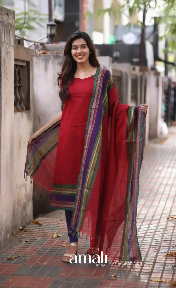 Red and Dark Blue Chettinad Cotton Salwar Set - salwar