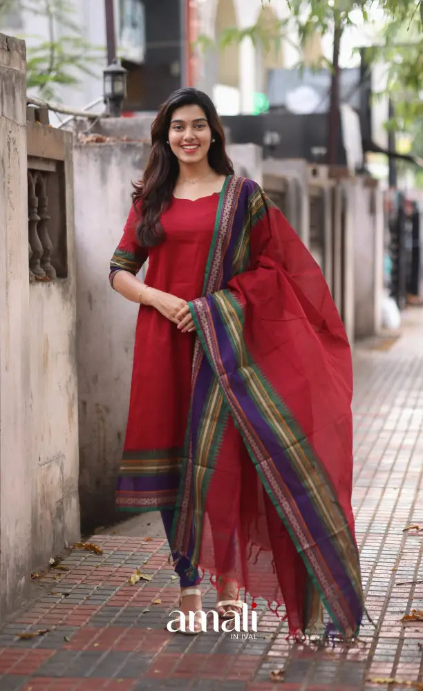 Red and Dark Blue Chettinad Cotton Salwar Set - salwar