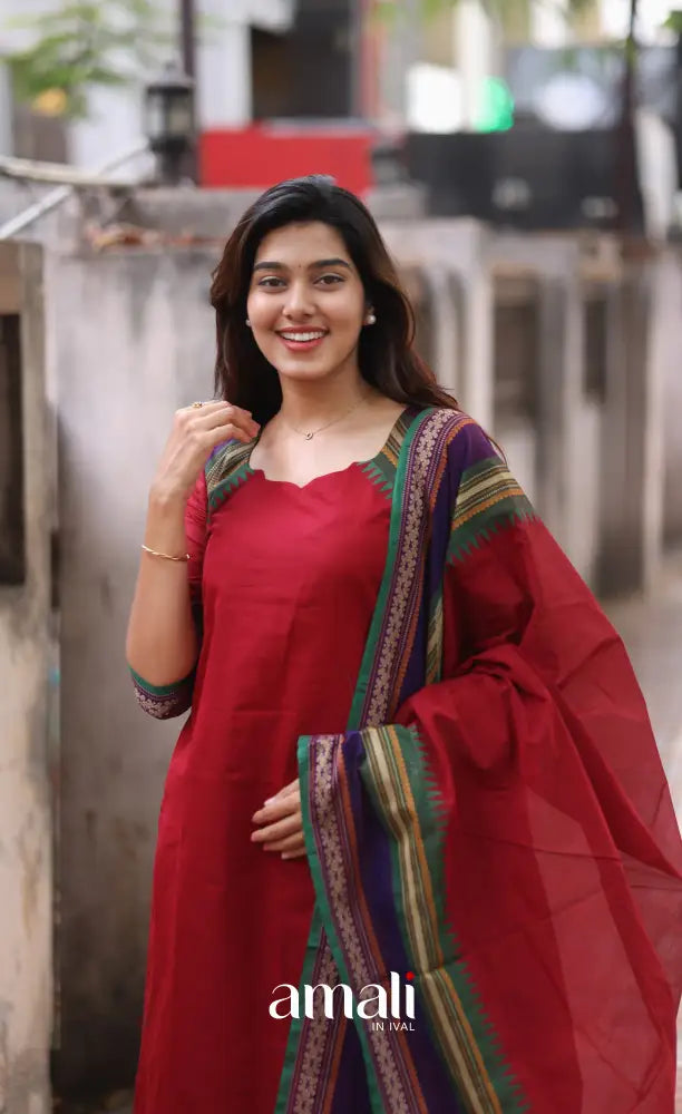 Red and Dark Blue Chettinad Cotton Salwar Set - salwar
