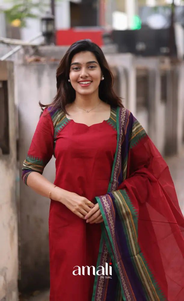 Red and Dark Blue Chettinad Cotton Salwar Set - salwar