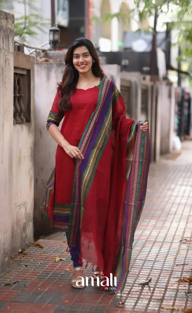 Red and Dark Blue Chettinad Cotton Salwar Set - salwar