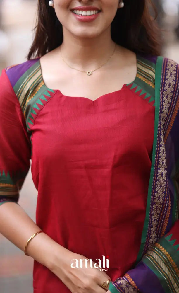 Red and Dark Blue Chettinad Cotton Salwar Set - salwar