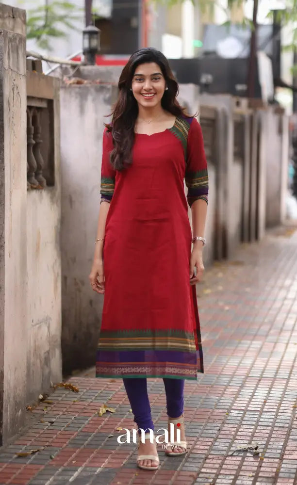 Red and Dark Blue Chettinad Cotton Salwar Set - salwar