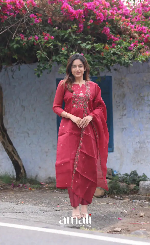Red Embroidered Kota Salwar Set - salwar
