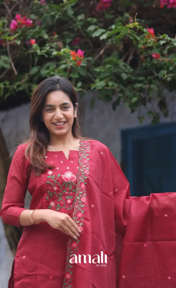 Red Embroidered Kota Salwar Set - salwar