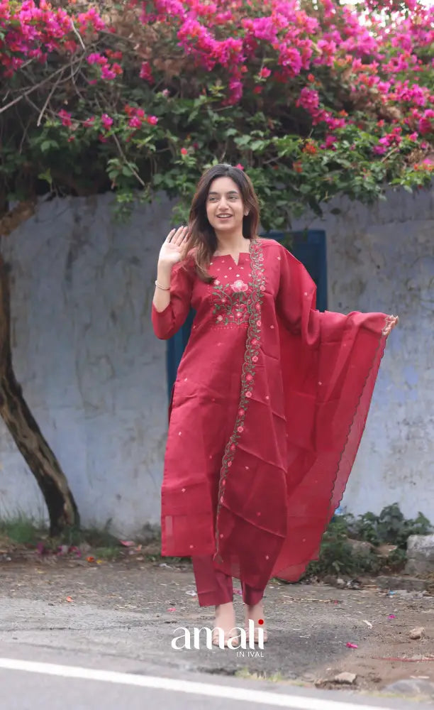 Red Embroidered Kota Salwar Set - salwar